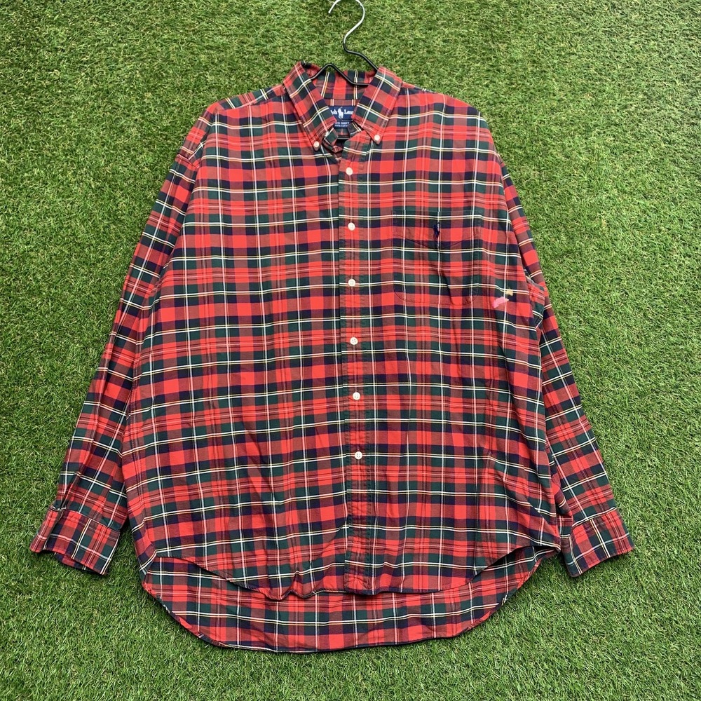 Ralph Lauren Shirt Mens Large Red Green Plaid Button Down Big Shirt Cotton Flaw